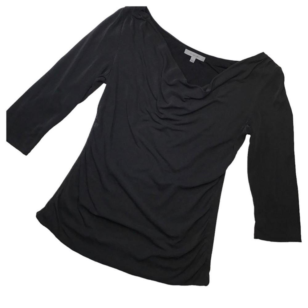 Classiques Entier Charcoal Gray Cowl Neck 3/4 Sleeves Curved Hem Ruched Top Sz L